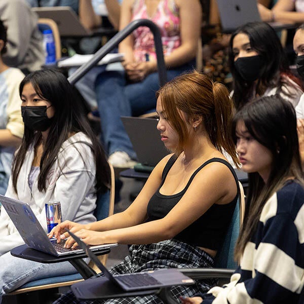 Students sit in rows working on computers.